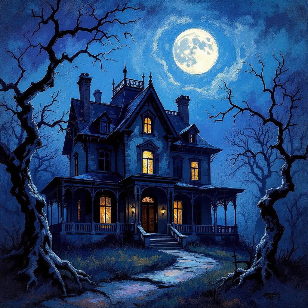 Haunted Mansion Moonlight in Impressionist Style