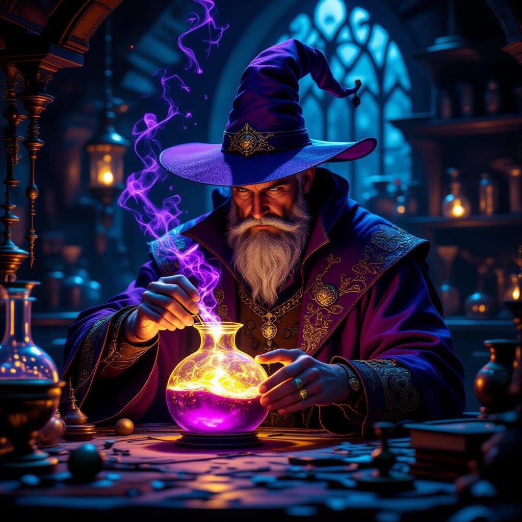 Master Alchemist Crafting Potion in Dark Fantasy Lab