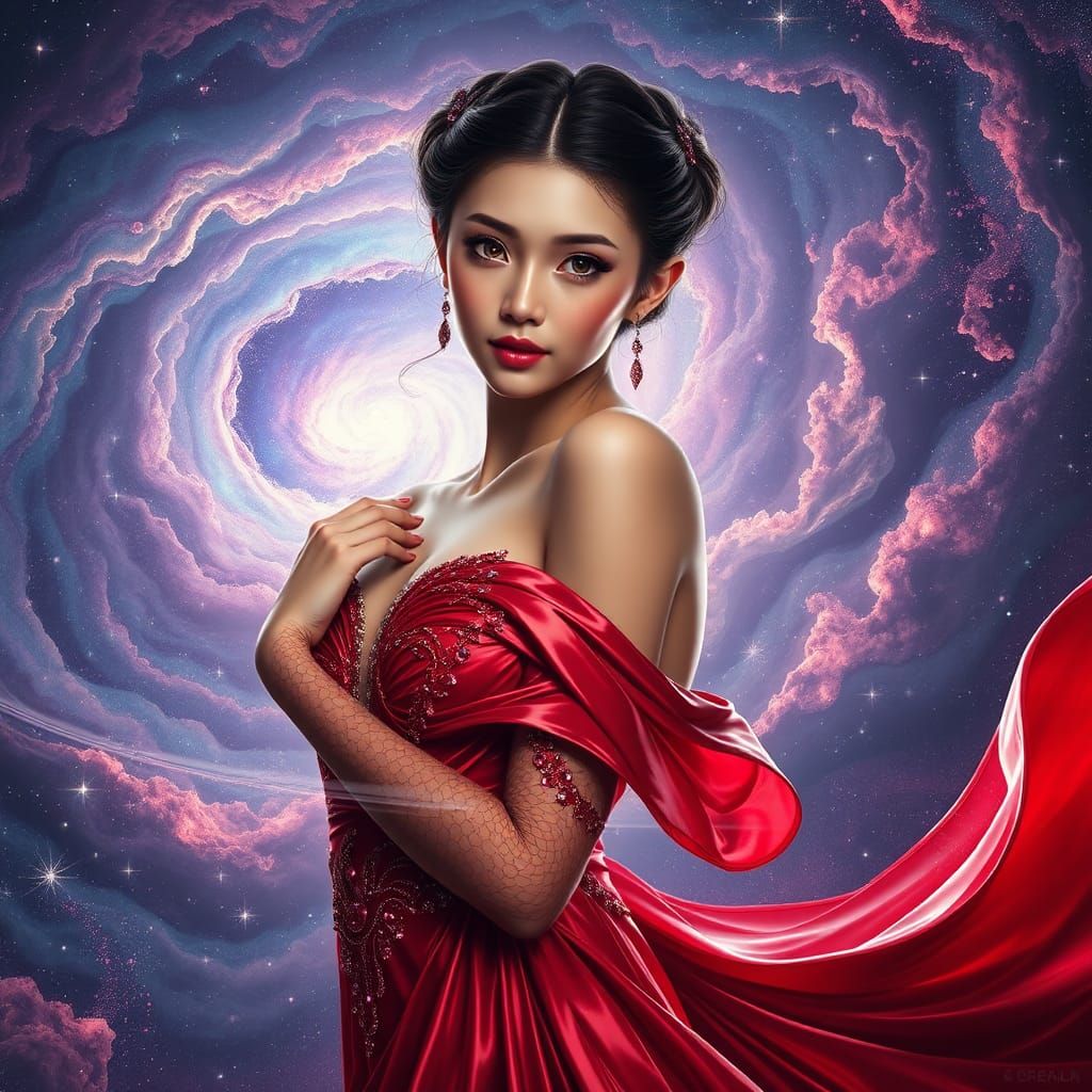 Ethereal Being Emerges from Galaxy in Art Nouveau Style