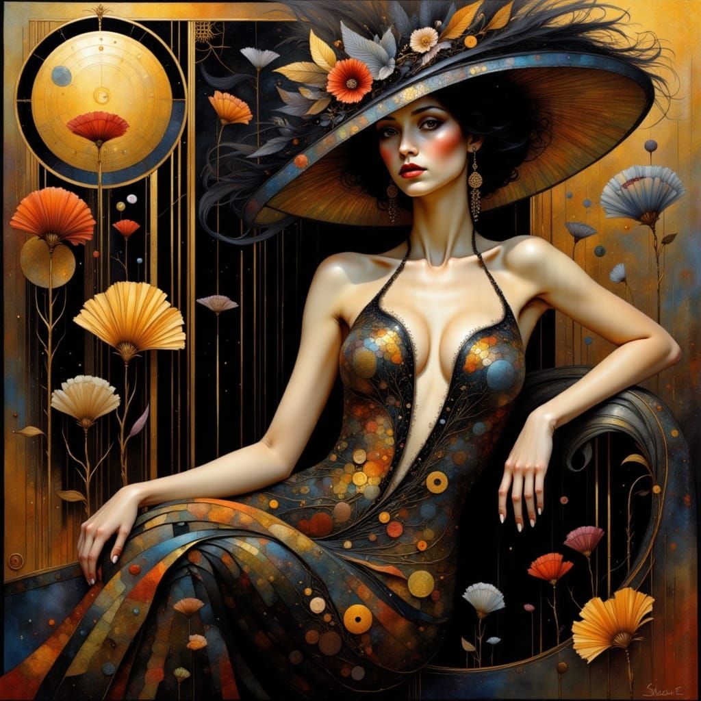 Flapper in Art Deco Parlour, Black and Gold Accents