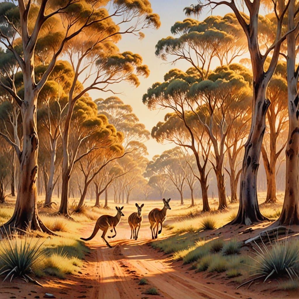 Kangaroos in Outback: Watercolour Painting with Soft Focus