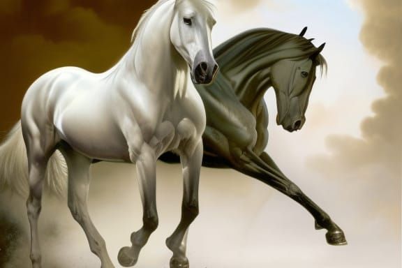 White and Black Horses Prancing in Neo-Gothic Style