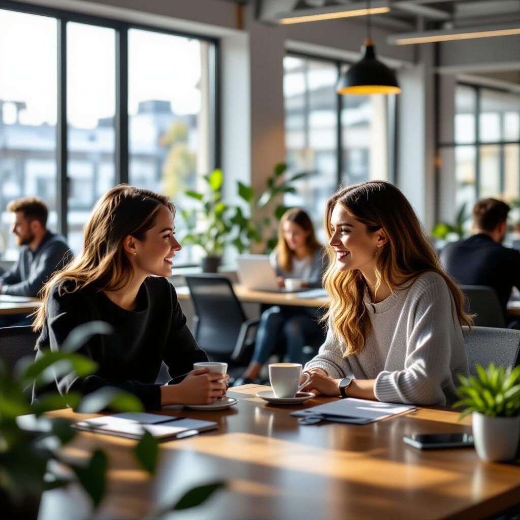 Two Young Ladies Discussing Coffee in Bright Office