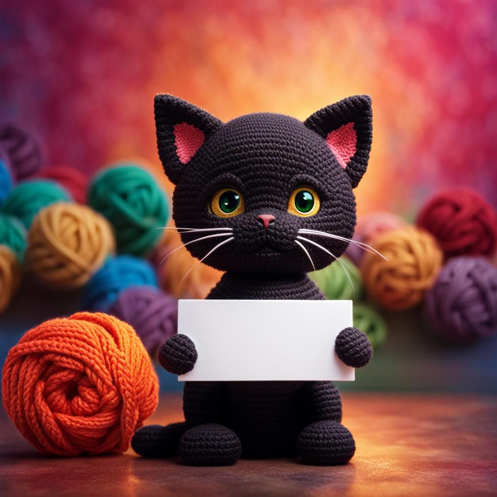 Crochet Kitten Holding a Sign: Hyperrealistic Art