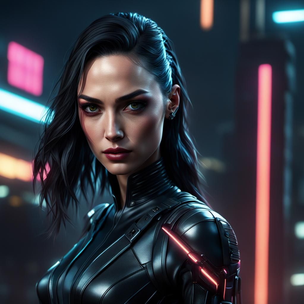 Cyberpunk Girl with Black Eyes in Neon Cityscape