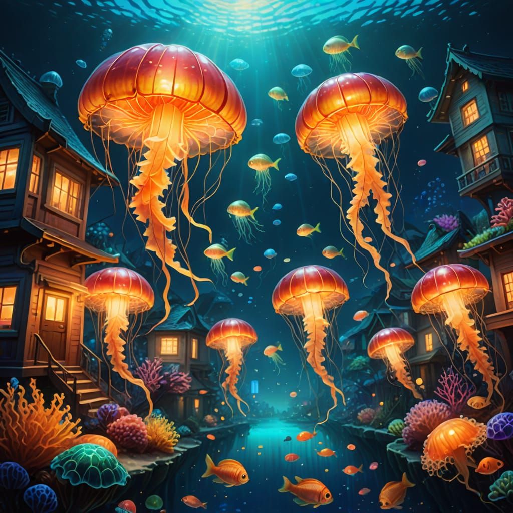 Glowing Underwater Coral City in Surrealist Style