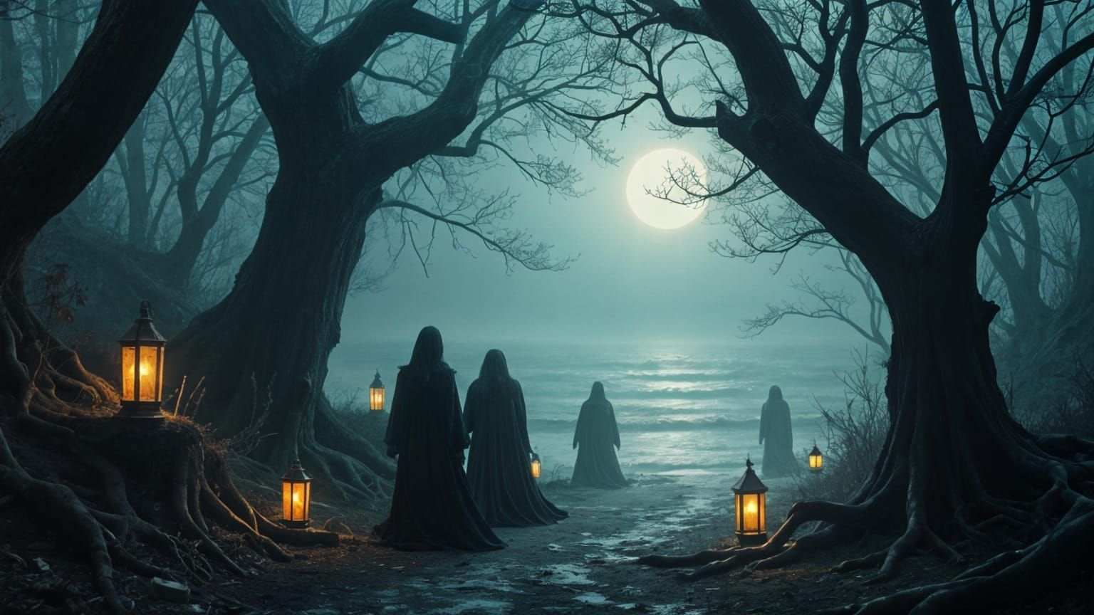 Spooky Halloween Forest Scene in Film Noir Style