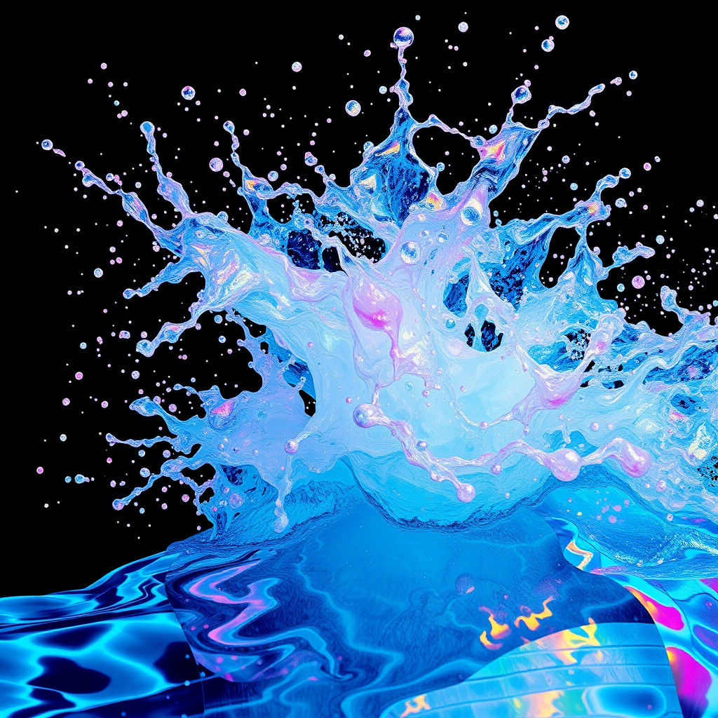 Iridescent Water Splash with Ink Splatter Patterns