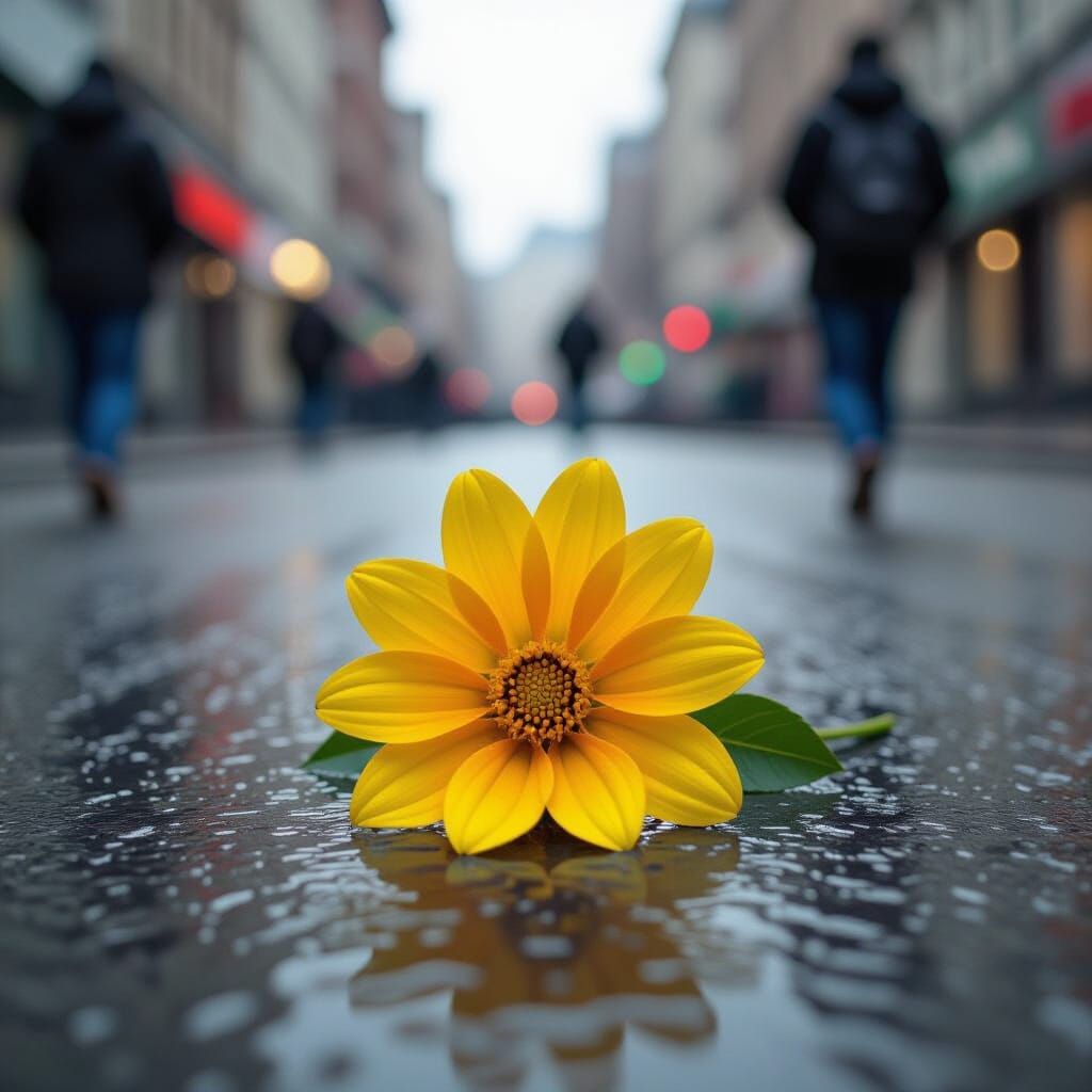 Vintage Photo of Yellow Flower in Rainy Street