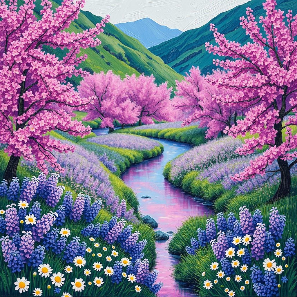 Impressionistic Valley with Hyacinths and Reflective River