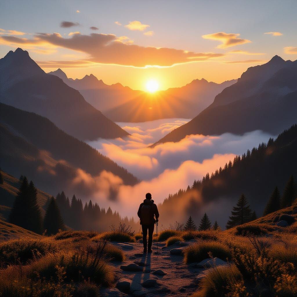 Misty Mountain Sunrise: Hiker in Silhouette