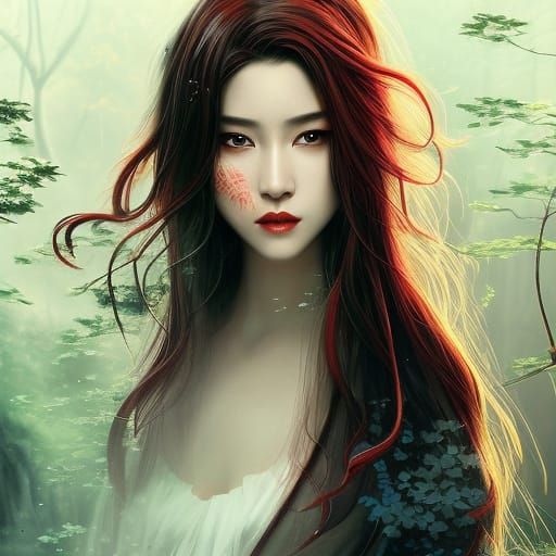 Beautiful Asian Woman in Kimono with Waterfall Backdrop