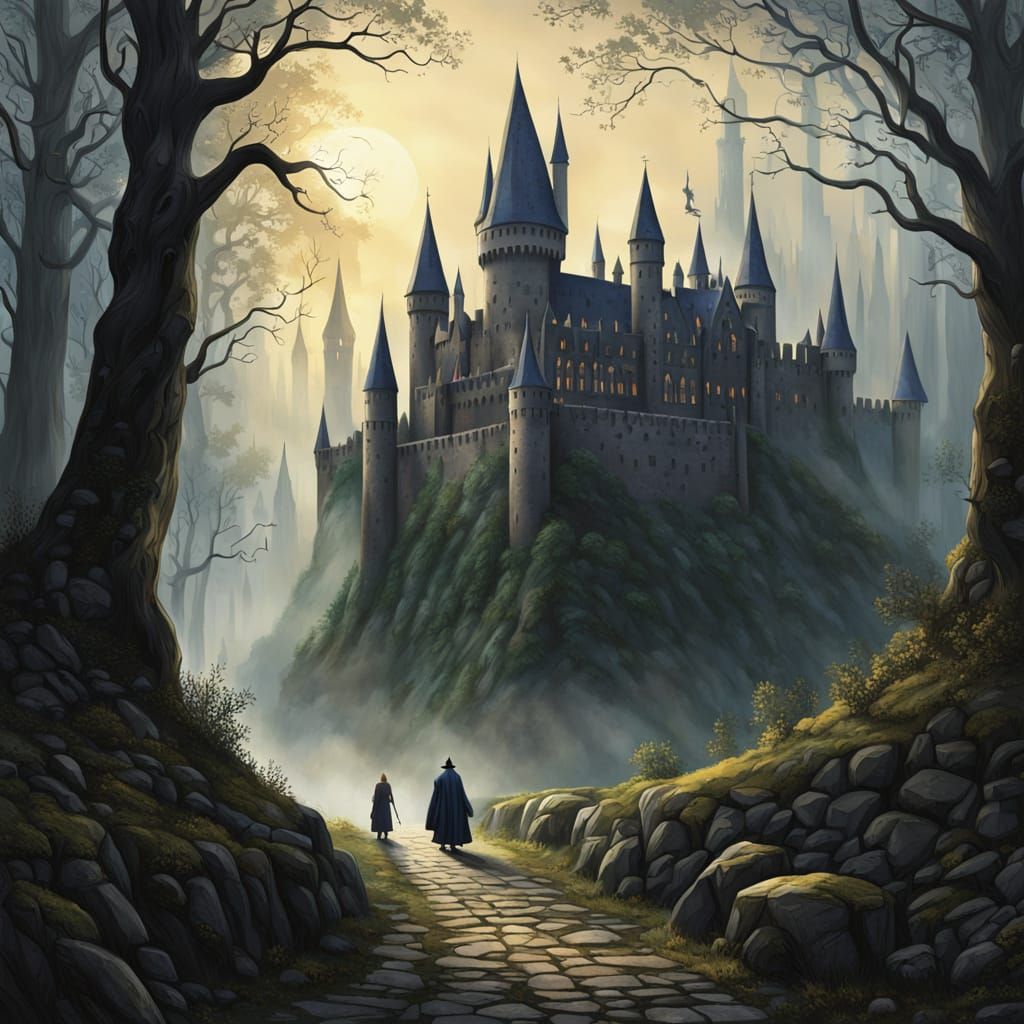 Hogwarts Castle in Misty Forest, Oil Painting Style