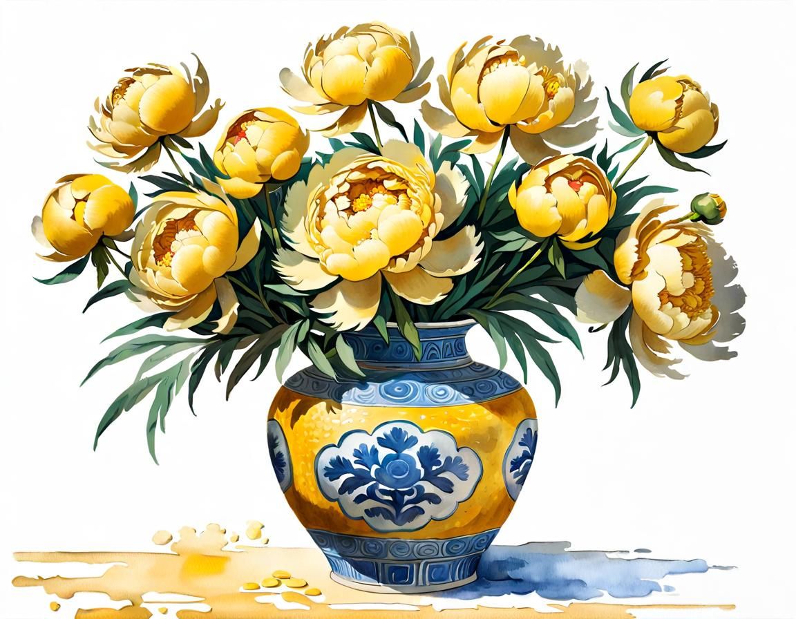 Peonies in Ming Vase: Impasto Watercolor Illustration