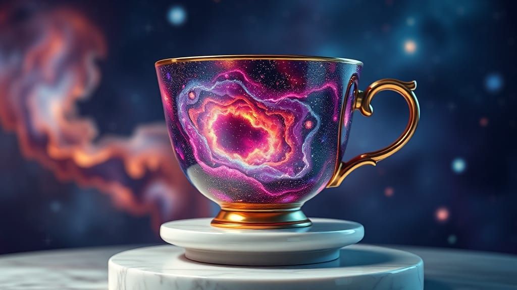 Cosmic Teacup on Marble Pedestal: Octane Render