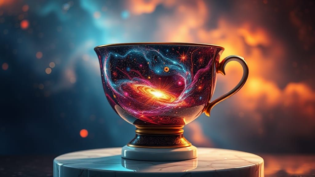 Cosmic Teacup with Iridescent Nebulas in Digital Art