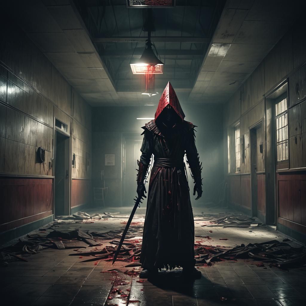 Pyramid Head in Dimly Lit Hospital: Horror Photography