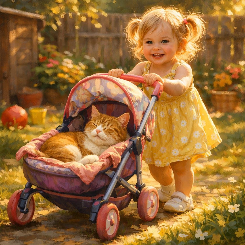 Cute Girl Walks With Cat In Toy Buggy