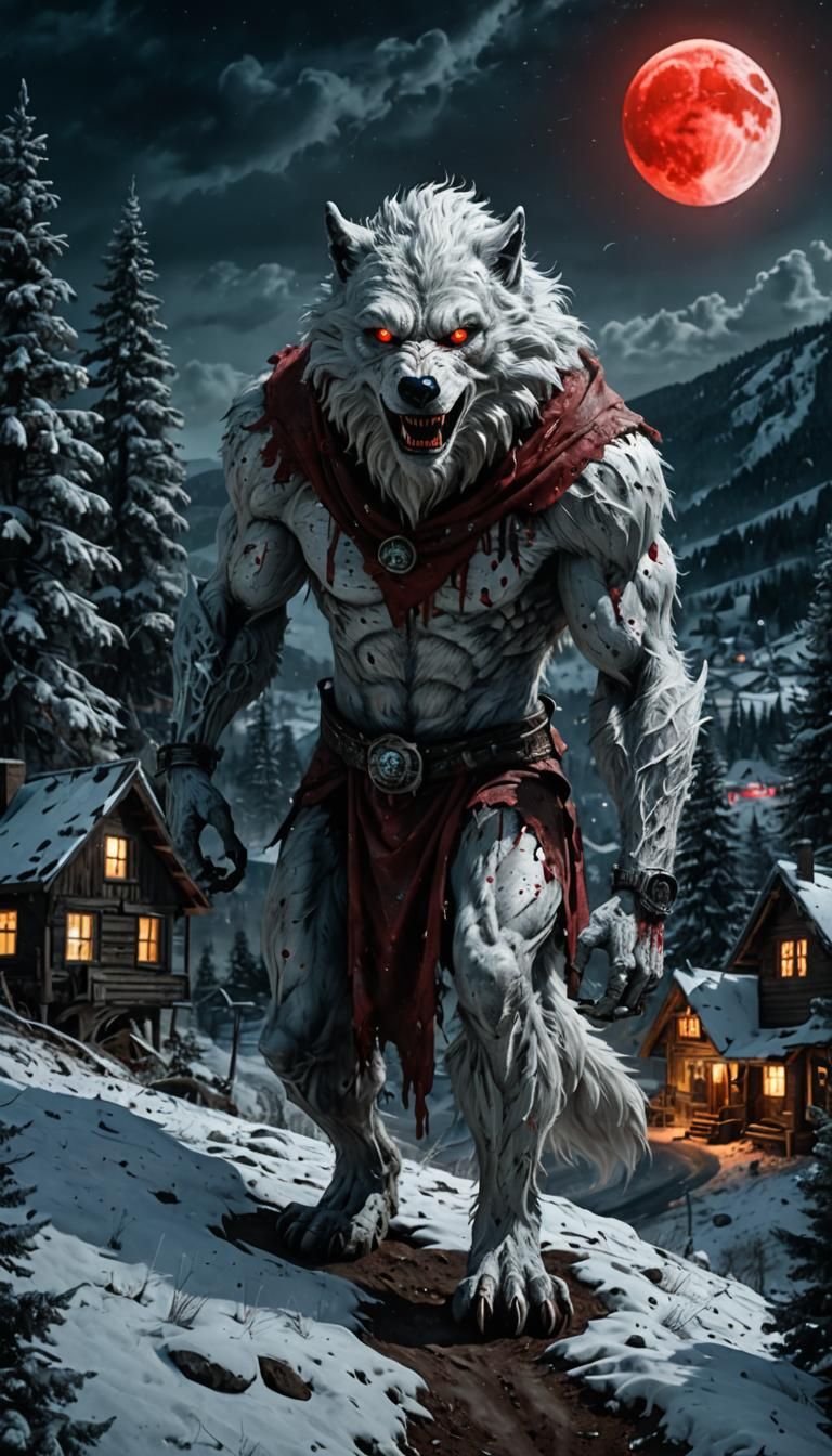 Silver Werewolf Overlooks Village on a Full Moon Night