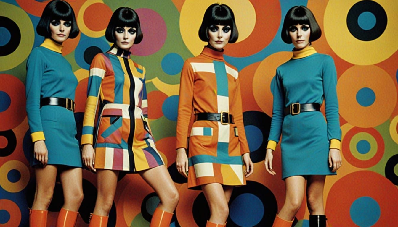 1960s Fashion Model in Psychedelic Mini Skirt and Go-Go Boot...