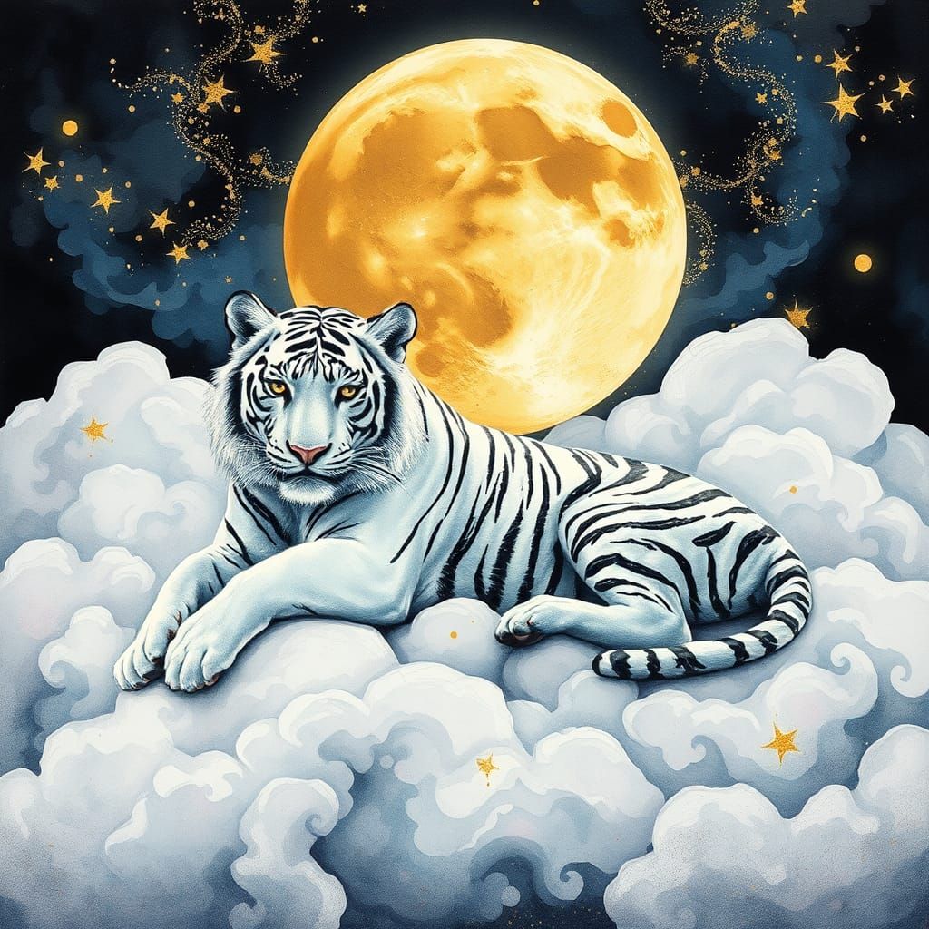 White Tiger on Clouds in Alcohol Ink Splatter