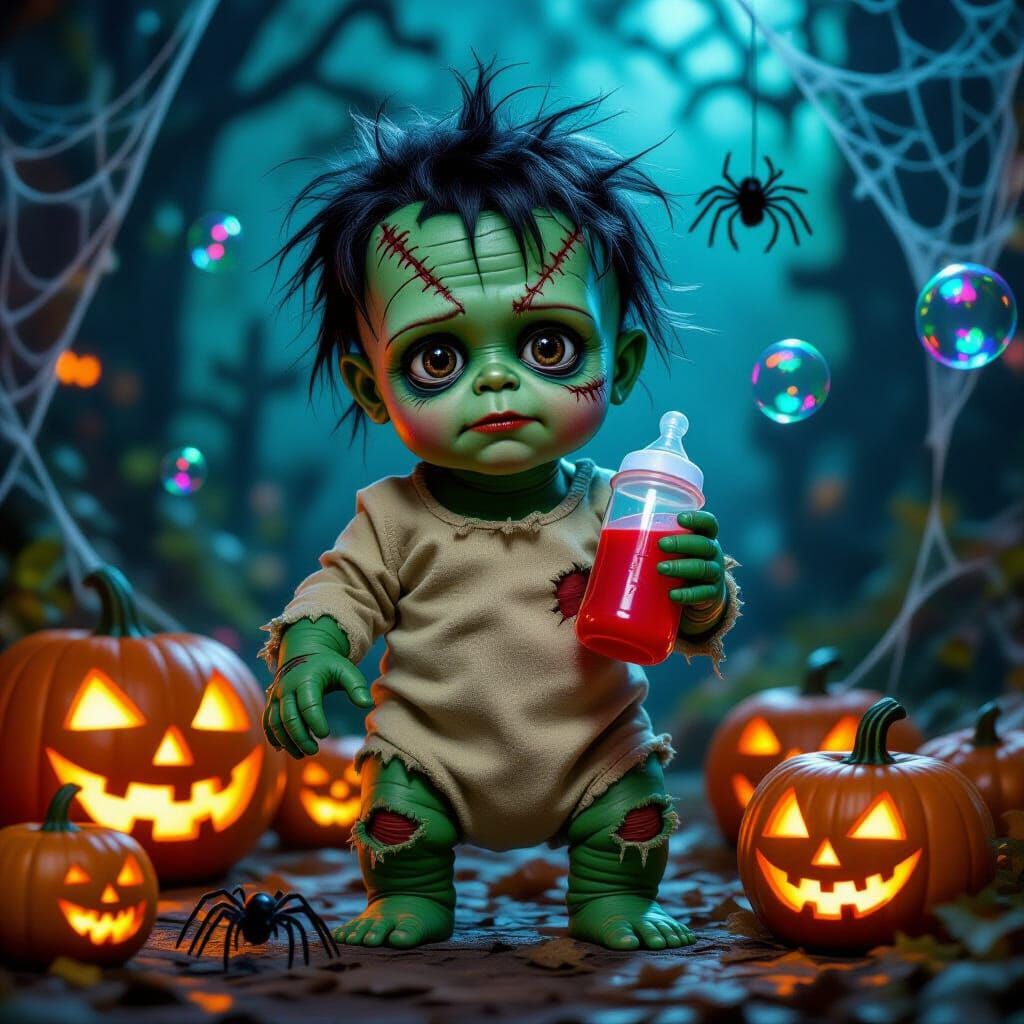 Baby Frankenstein Monster Halloween Scene
