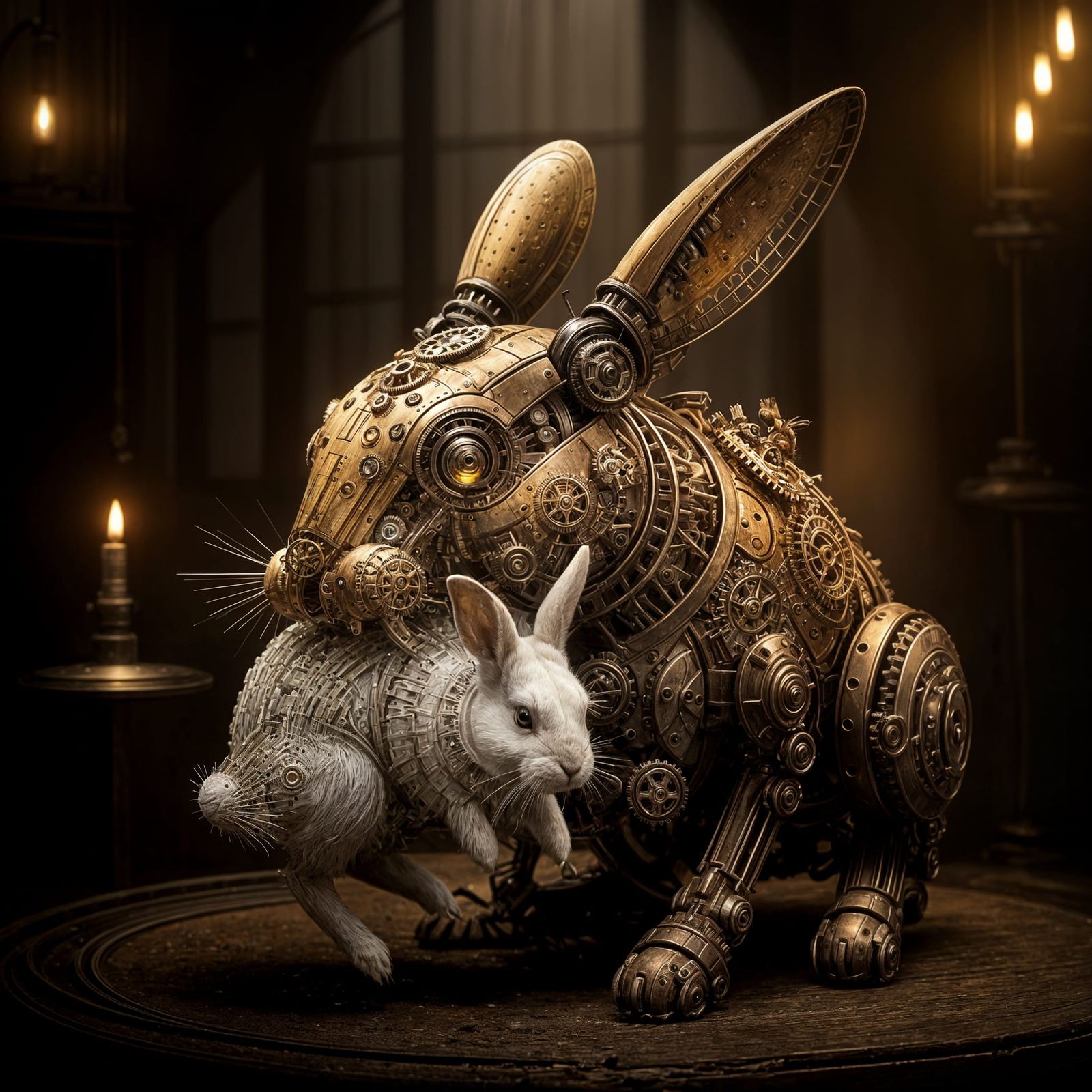 A Mechanical rabbit made from lots of visible gears eating a rabbit.