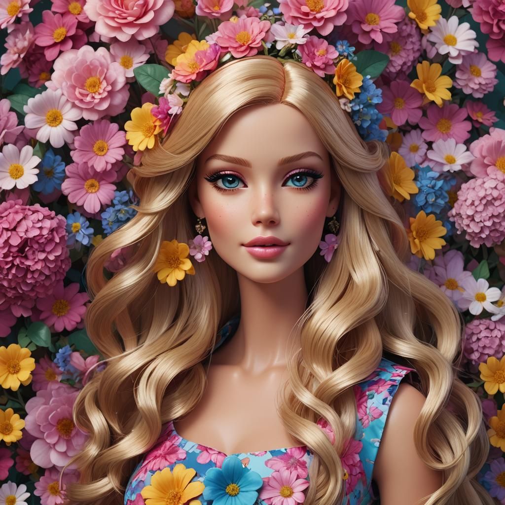 Hyperrealistic Barbie Portrait with Floral Hair