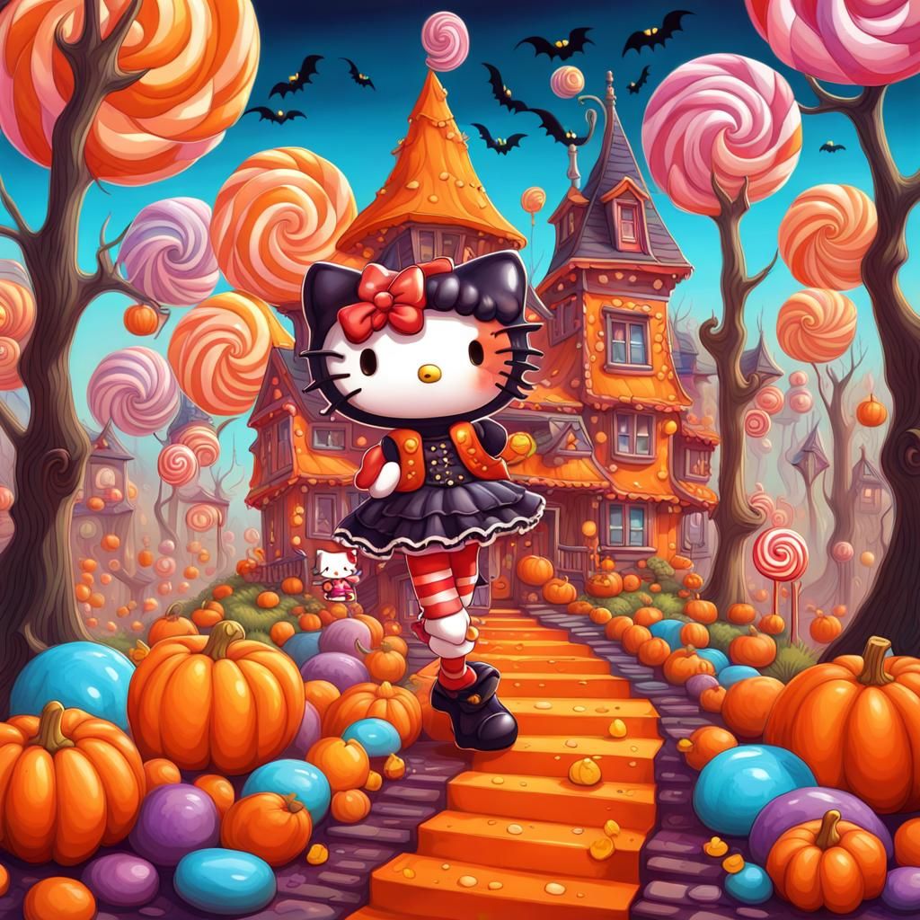 Halloween Trick Or Treat , Extreme Epic Exquisite Hello Kitty Halloween Goth Magical girl, Candy art style! Whimsical p...