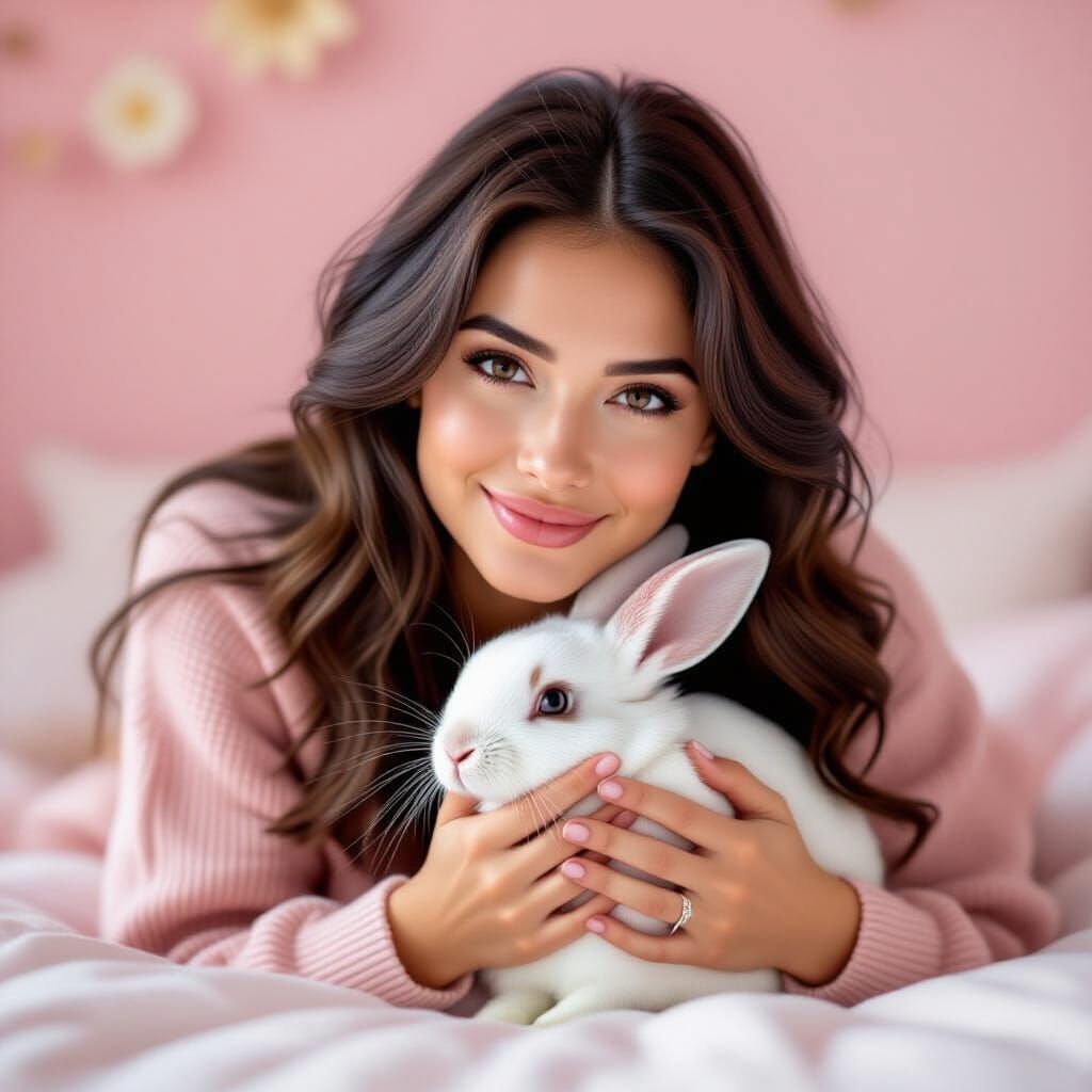 Woman Petting Rabbit in Pink Room