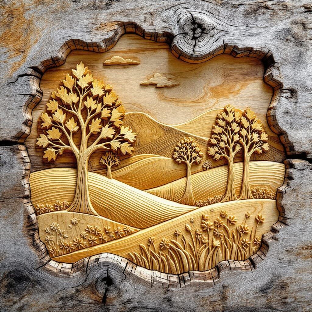 Woodcarving of Serene Landscape with Earthy Texture