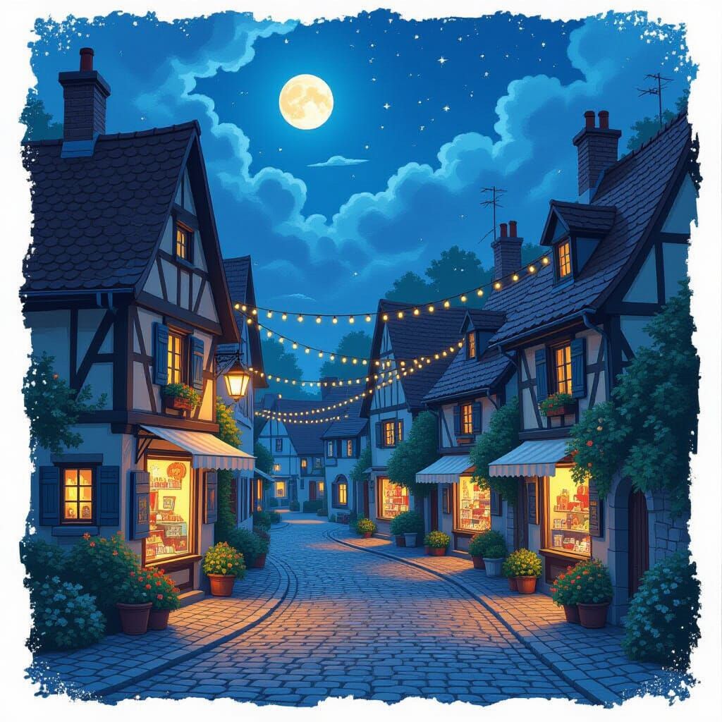 Moonlit Village Inspired by Miyazaki and Monet