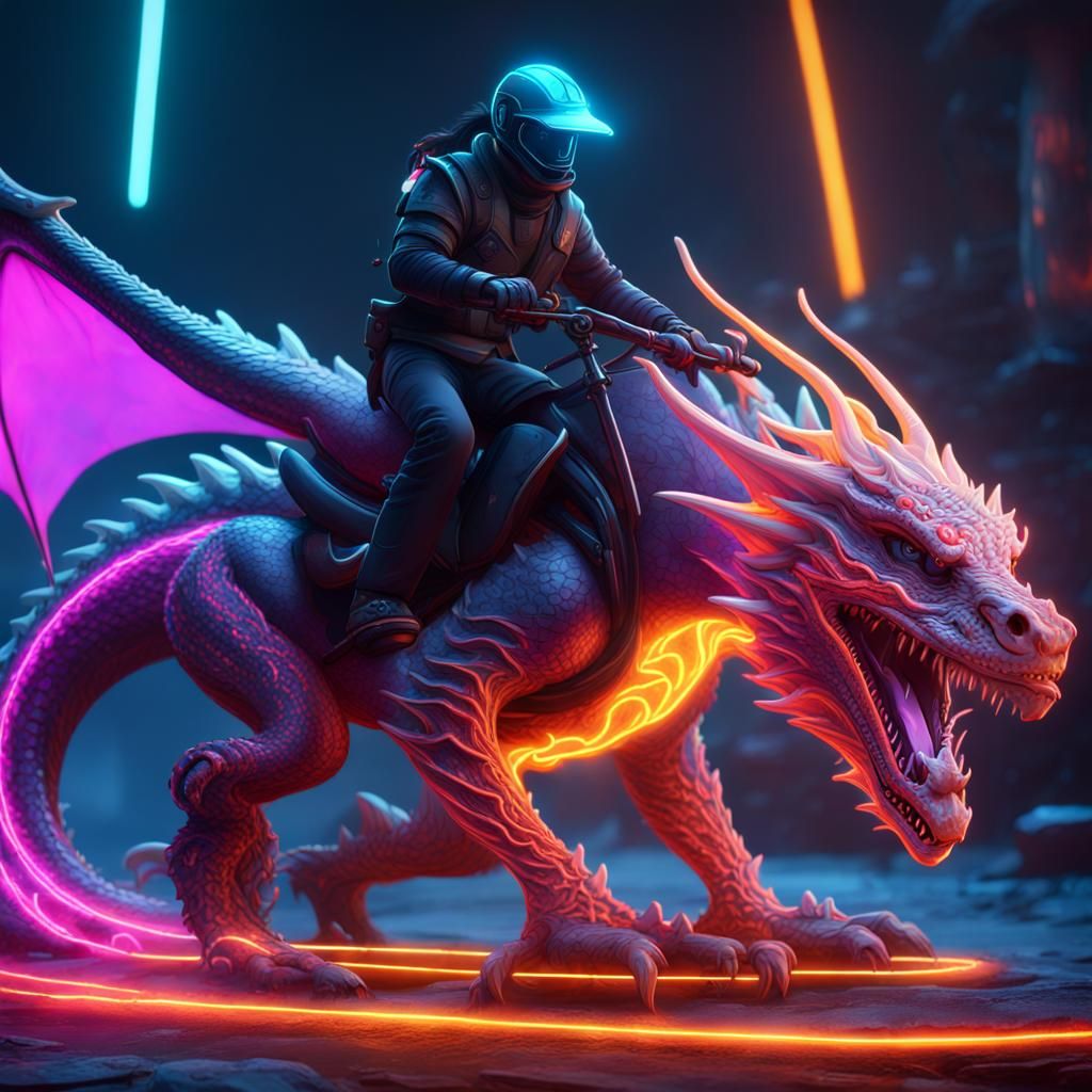 Neon Dog Riding Dragon: Fantasy Concept Art