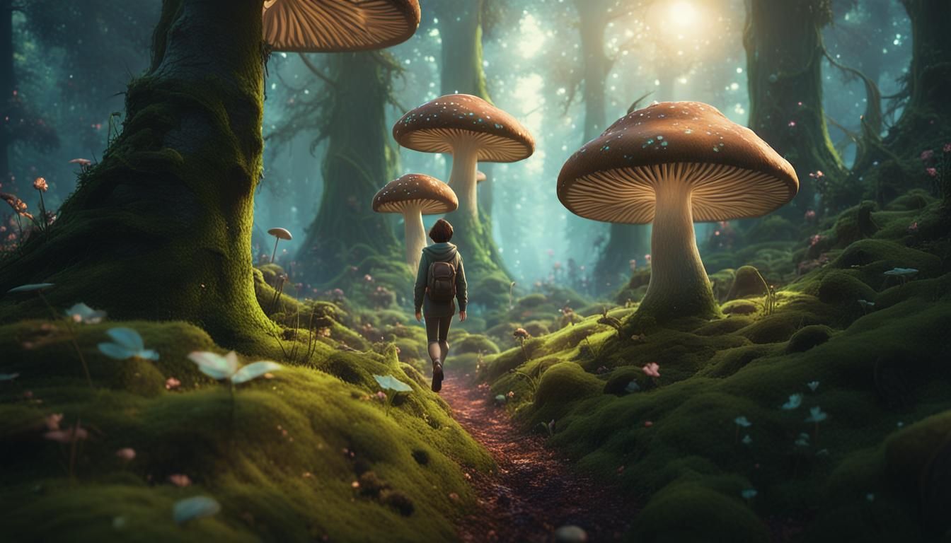 Mushroom Person in Forest, Whimsical Fantasy Art