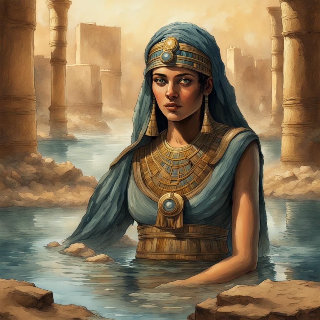 Egyptian Woman at Nile in Vintage Watercolor Style