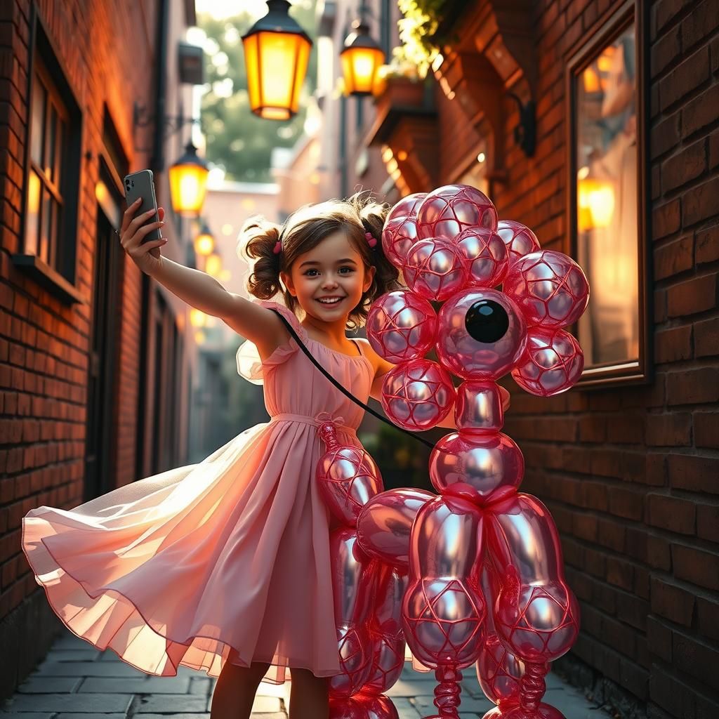 Girl and Balloon Poodle Selfie in Film Noir Alley