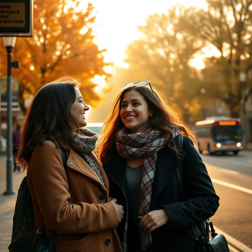 Italian Women at Bus Stop in Autumn Light