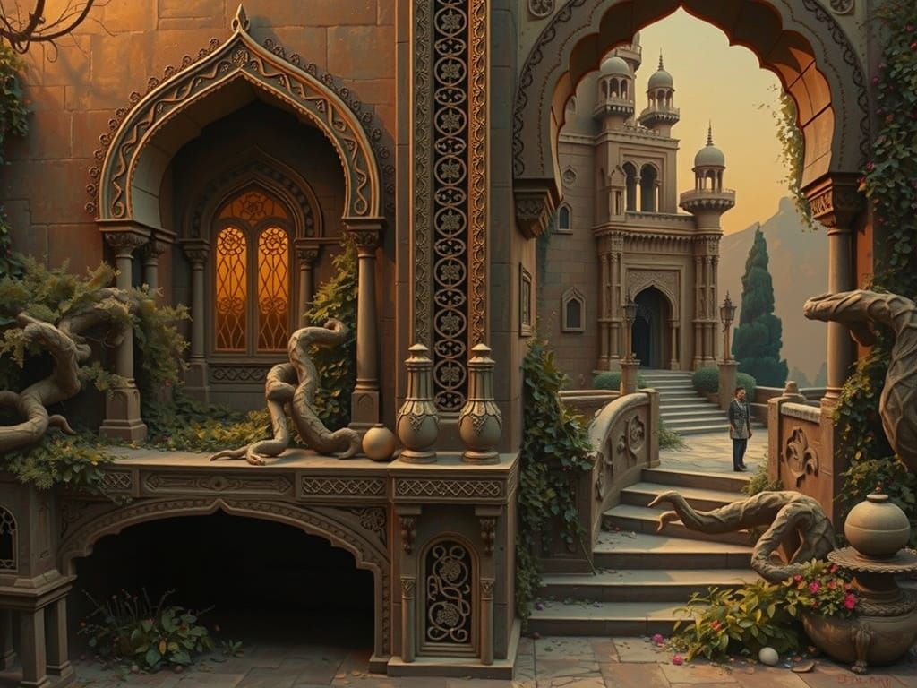 I can see Suprarealist scene thru the big opening like a door in a wall, Gray, Brown ocre Visualize a stunning large-sca...