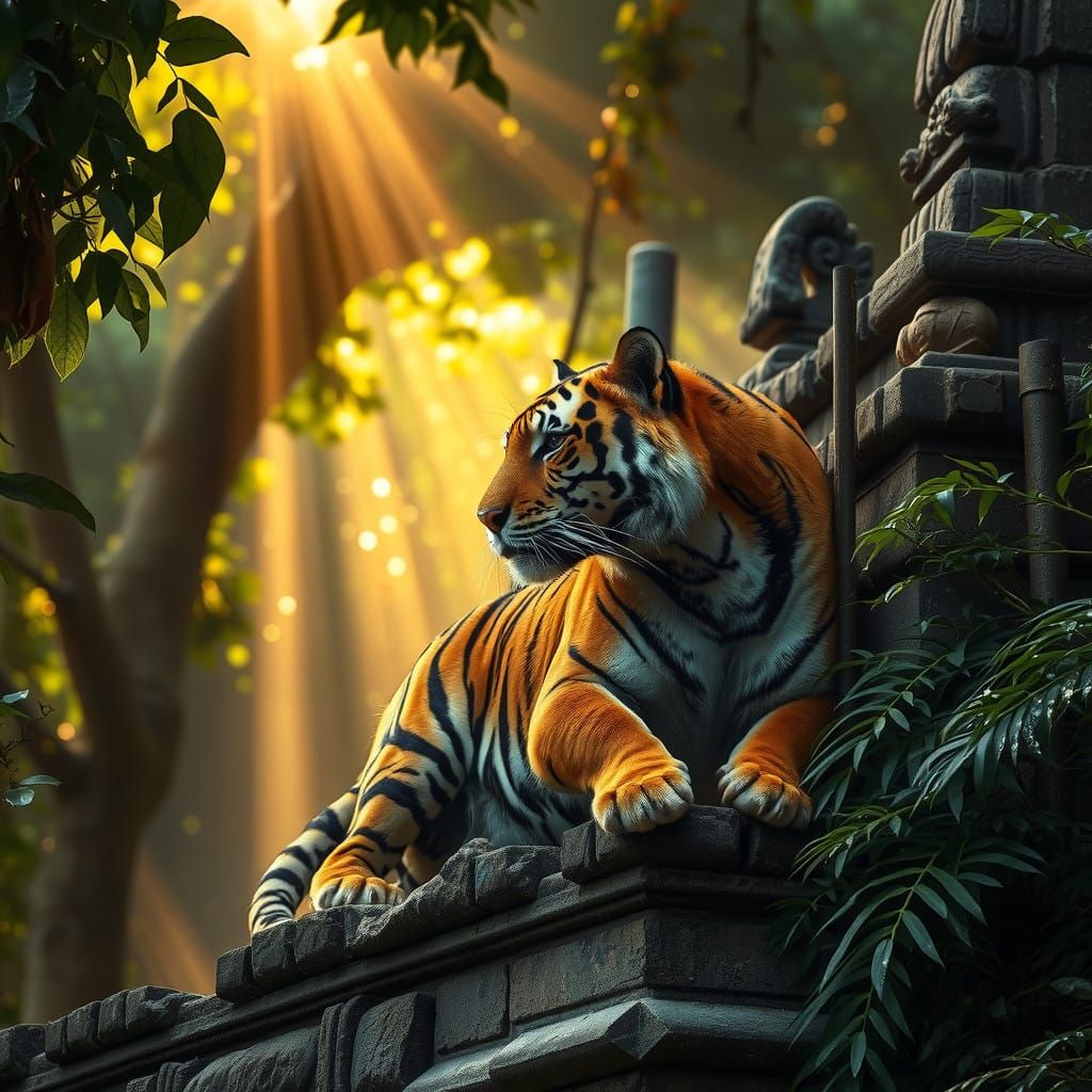 Tiger Perched atop Ancient Hindu Temple in Jungle Landscape