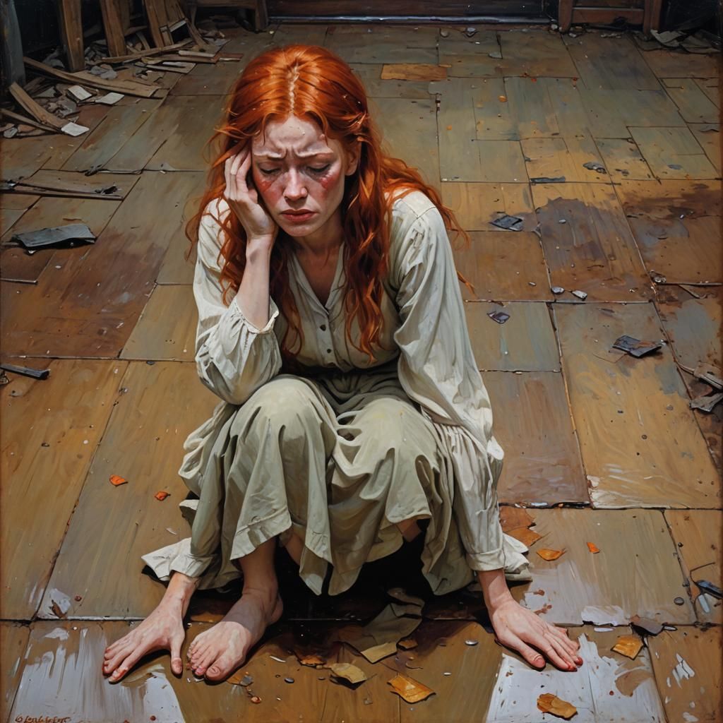 Redhead Girl's Anguish: An Oil Painting