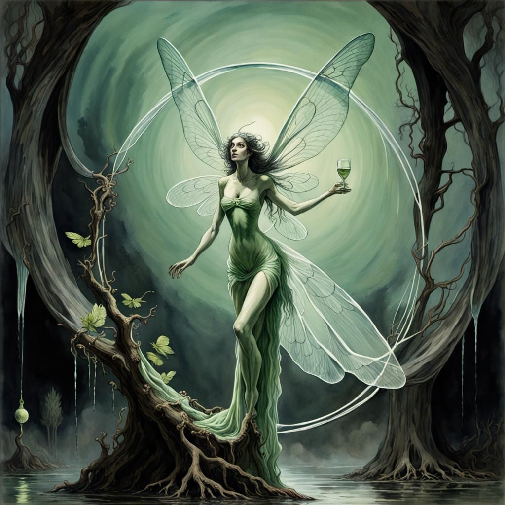 Absinthe Fairy with Dragonfly Wings Watercolor