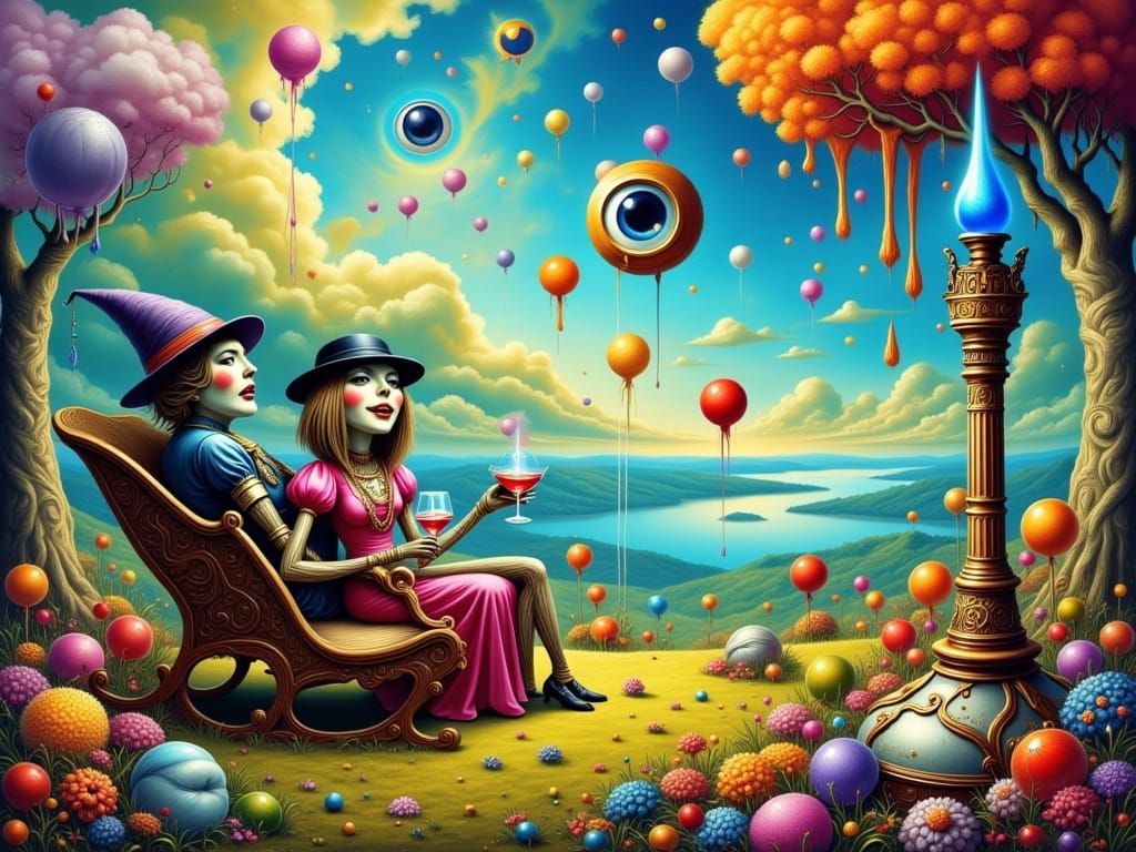 Scarecrows Sip Cocktails in Surreal Dreamscape