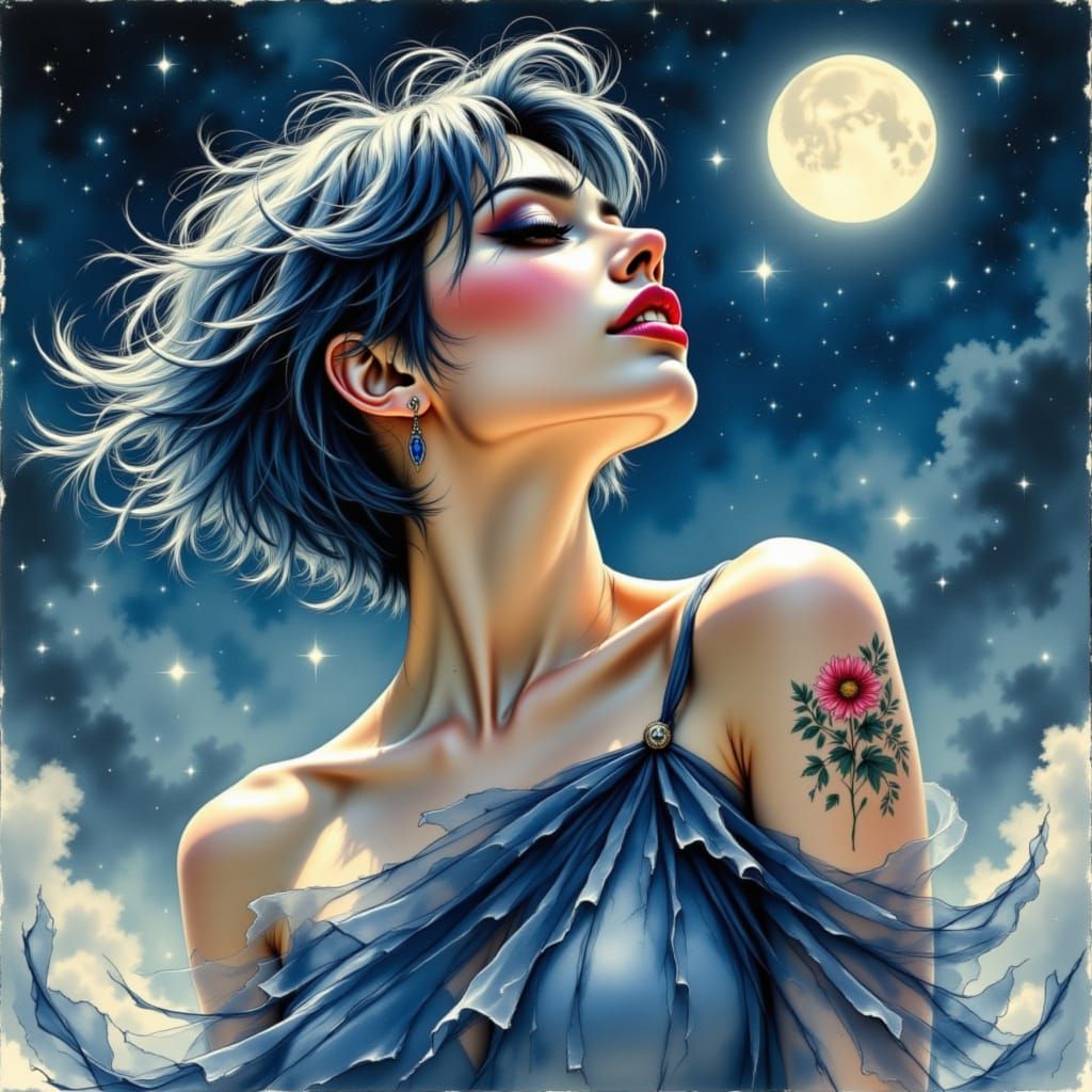 Surreal Watercolor Woman Under Whimsical Moonlight