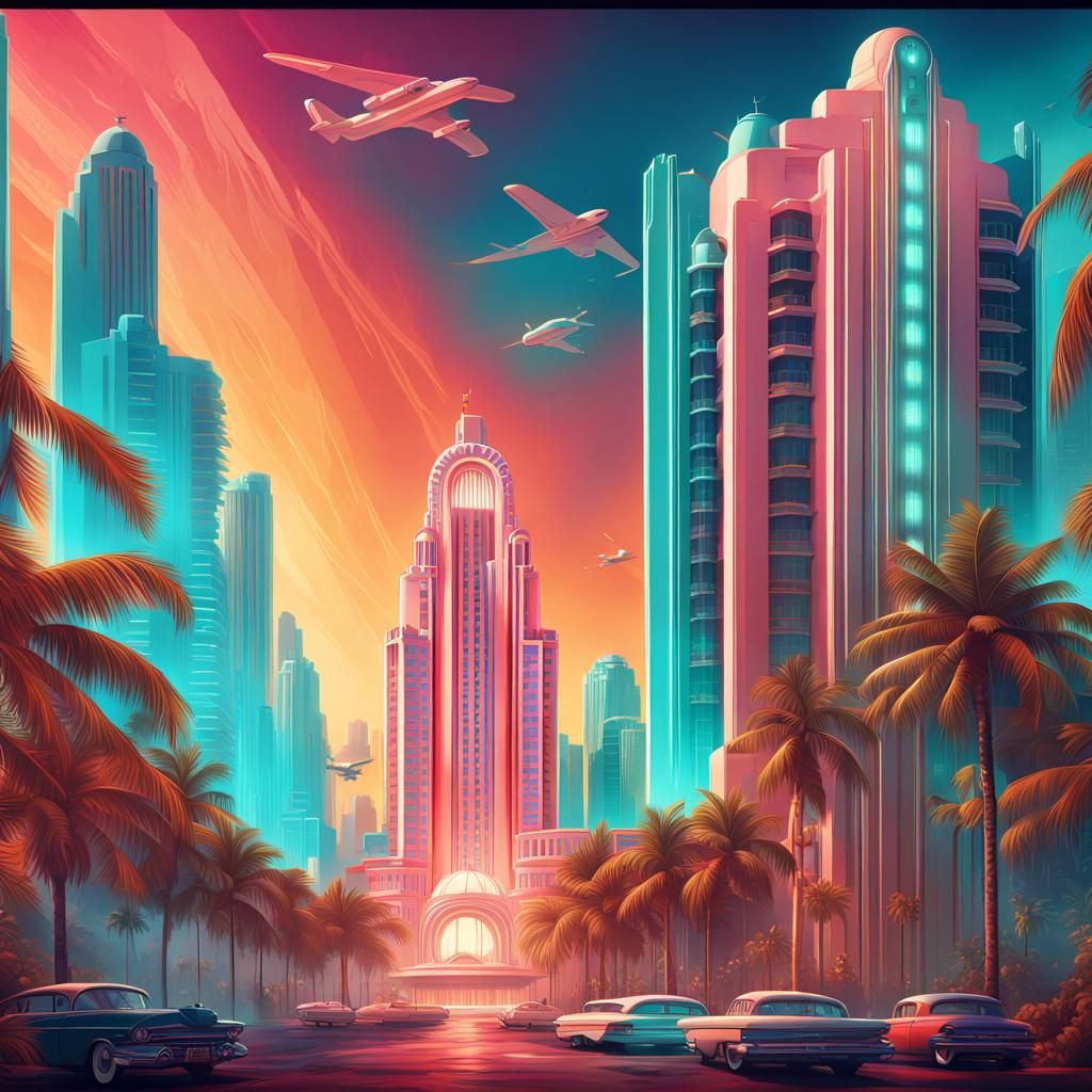 Art Deco Miami Beach Poster in Unreal Engine