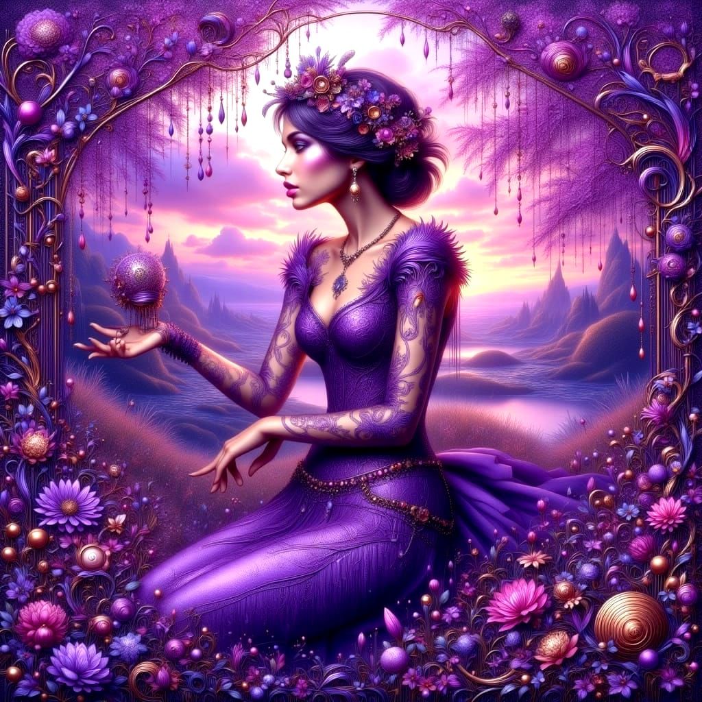 Hyperdetailed Klimt-Inspired Woman in Lavender Landscape