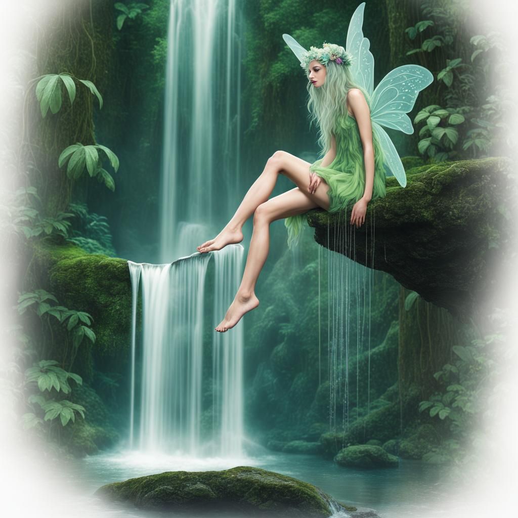 Ethereal Rainforest Fairy at Waterfall in Surreal Style