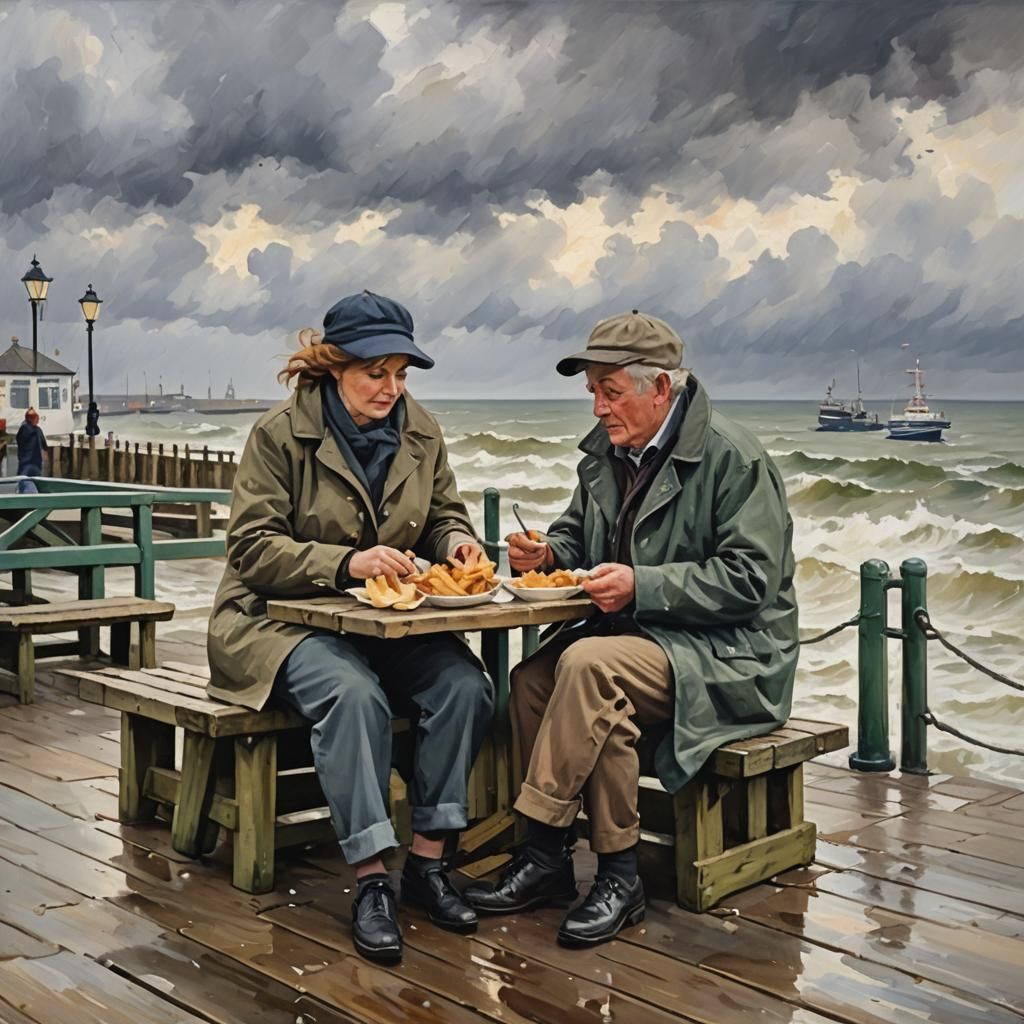 Impressionistic Scene: Fish and Chips on English Pier