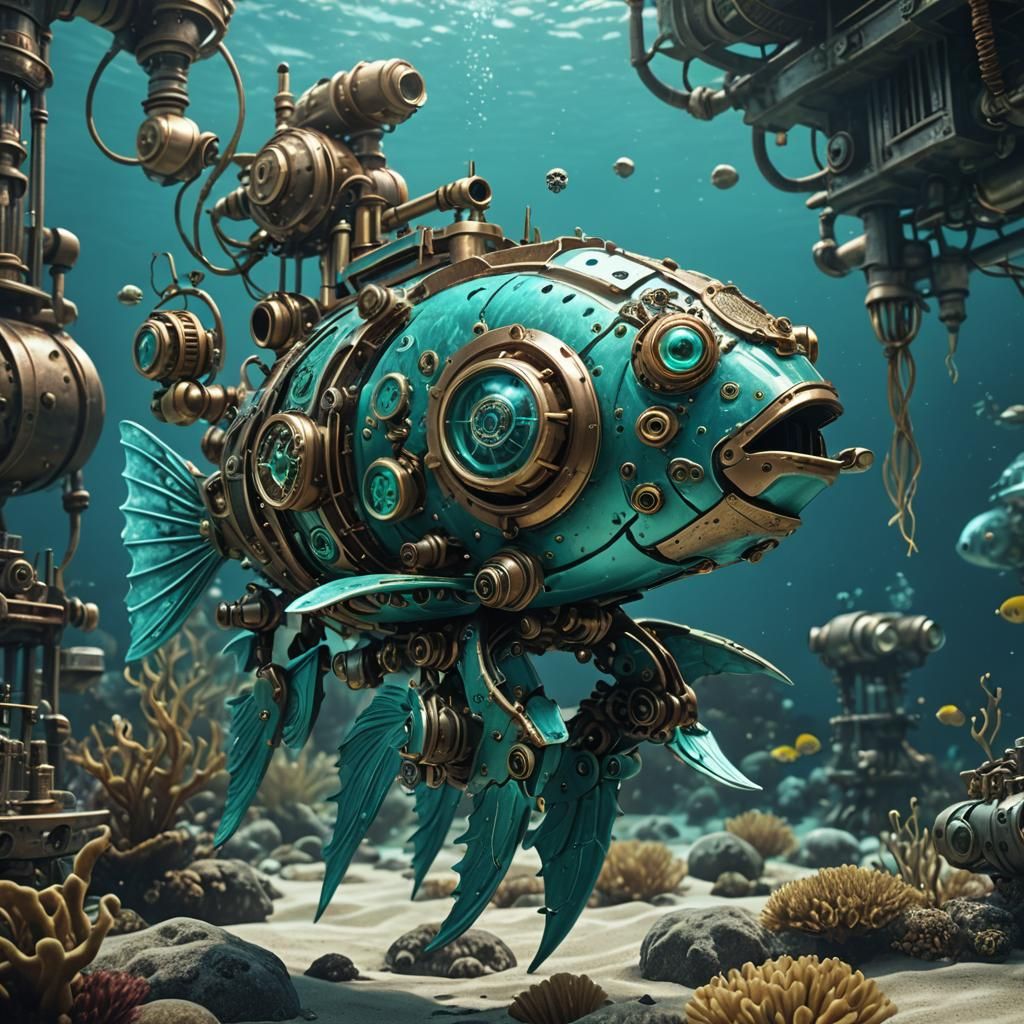 Steampunk Robot Fish in Turquoise Sea: Sci-Fi Art
