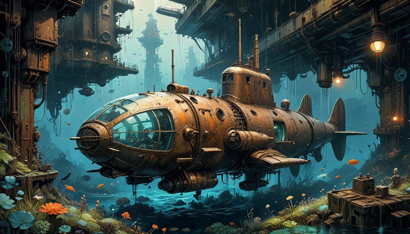 Steampunk City with Submarines as Impasto Painting
