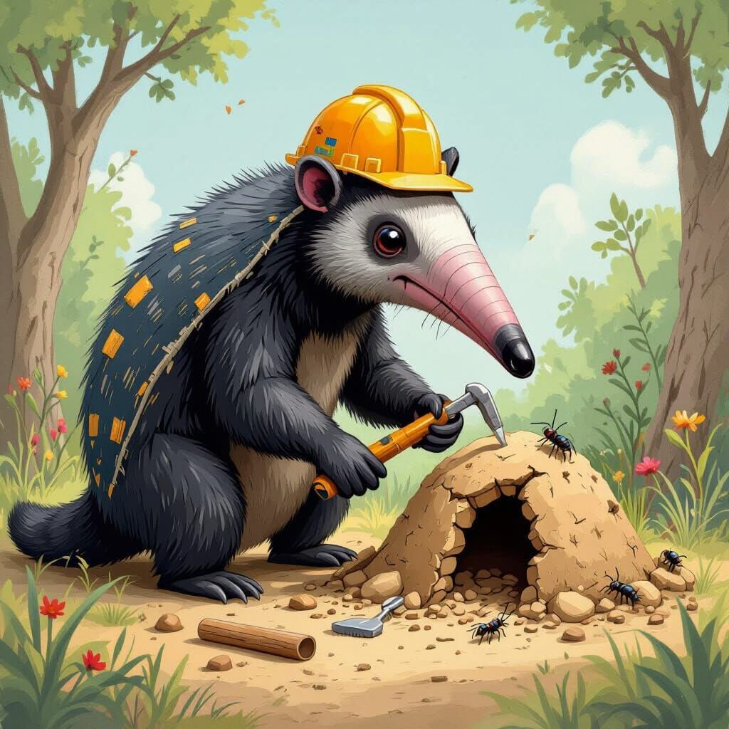 Giant Anteater Helps Repair Termite Hill in Whimsical Style
